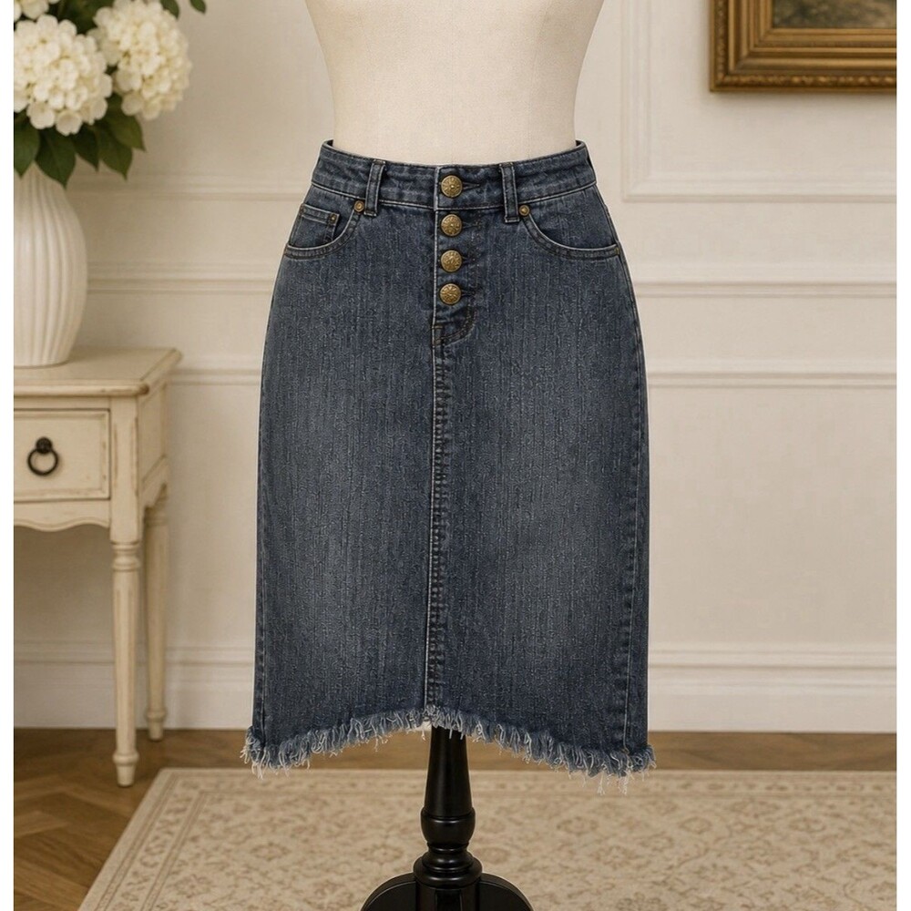 AQ Size 5 Women’s Blue Denim Midi Pencil Skirt Button Front Frayed Hem